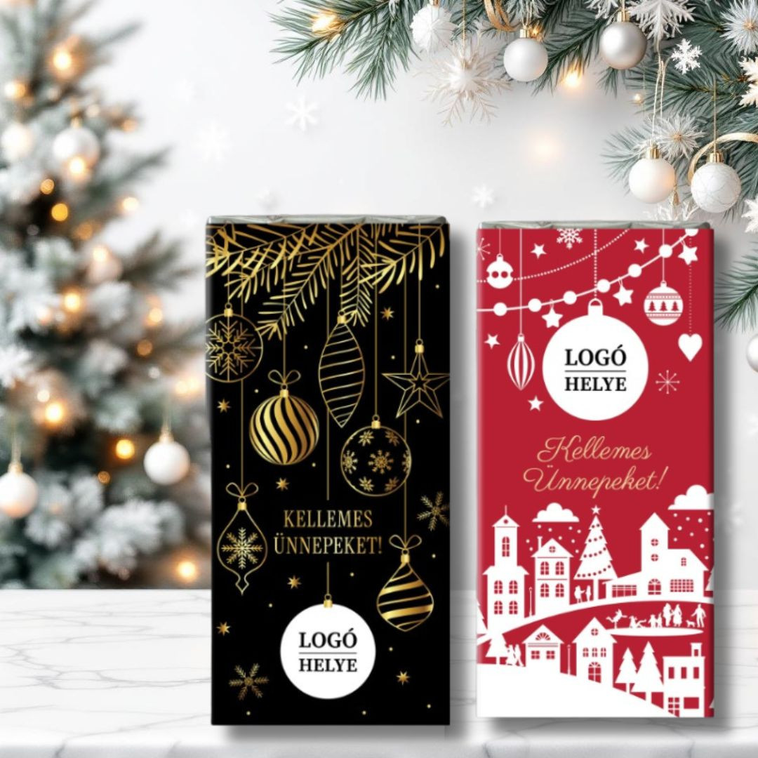 Céges karácsonyi ajándékcsomag logózható csokoládéval