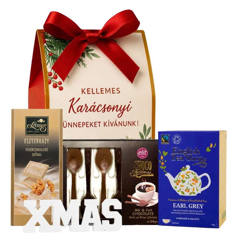 Forró csokis ajándékcsomag díszdobozban szatén masnival