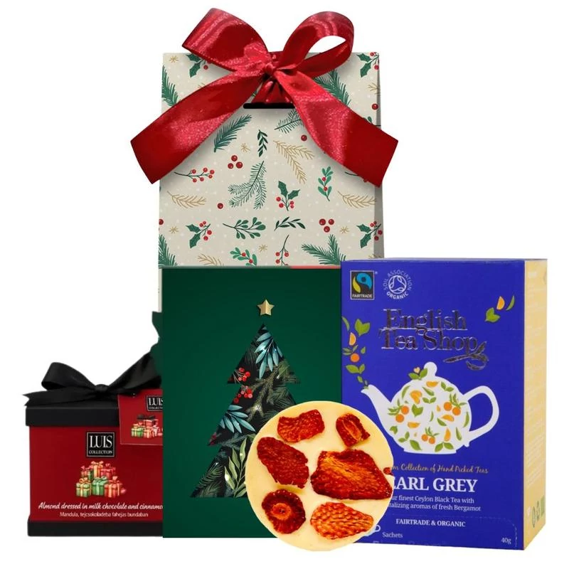 Karácsonyi ajándékcsomag csokoládés mandulával díszdobozban