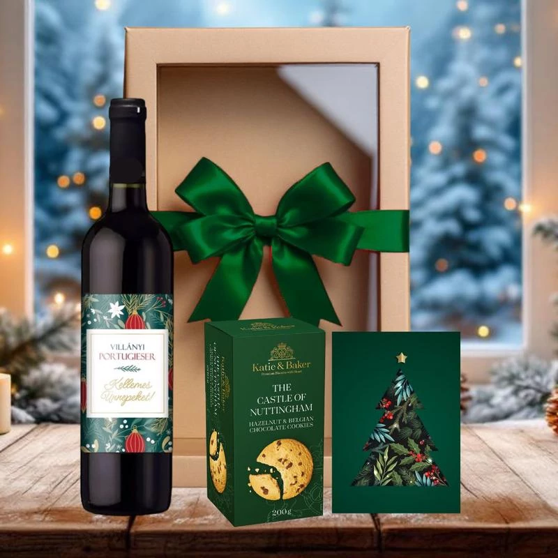 Karácsonyi ajándékcsomag ünnepi vörösbor és vajas keksz díszdobozban