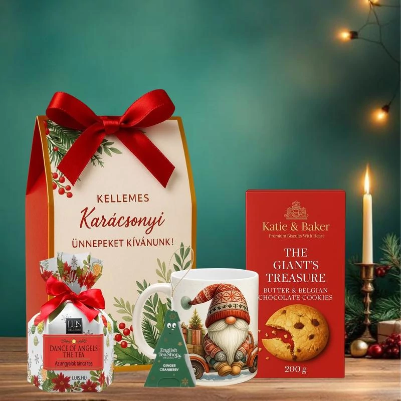 Karácsonyi ajándék díszdobozos gyümölcsteával, vajas keksszel