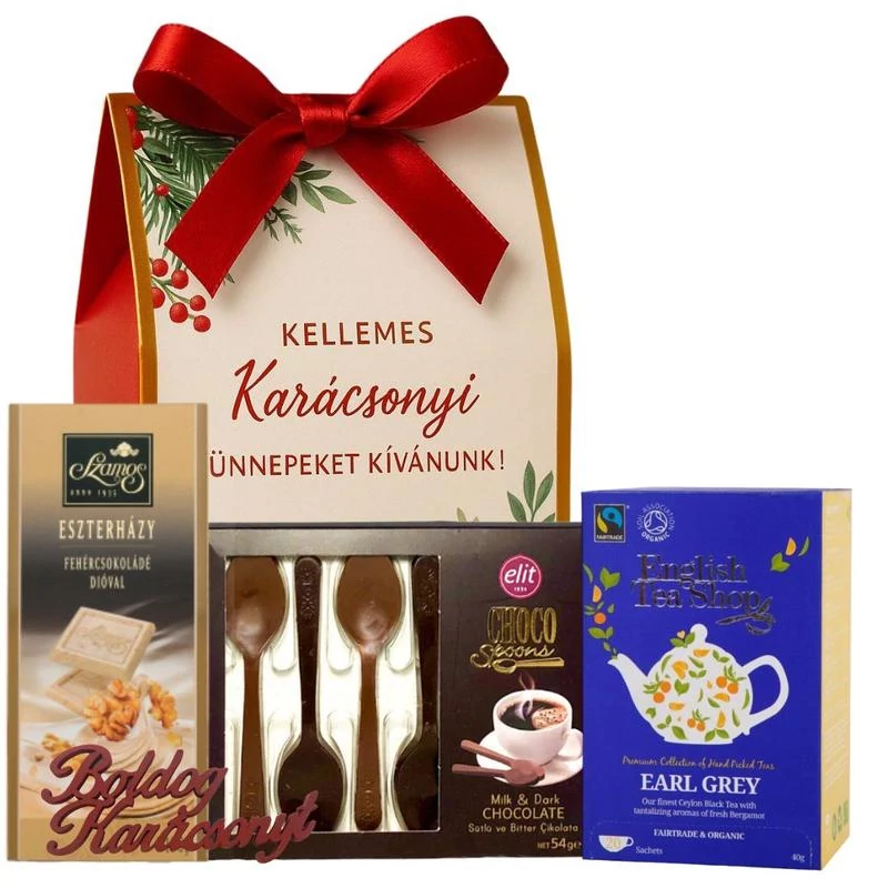 Forró csokis ajándékcsomag díszdobozban szatén masnival