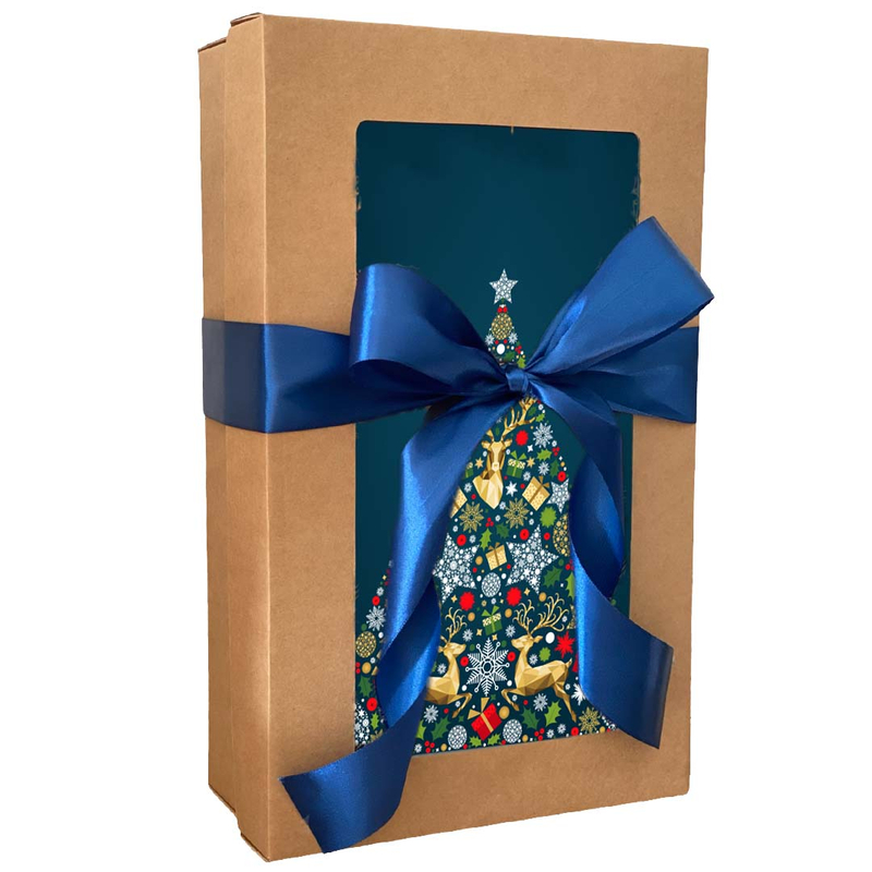 Fenyőfás karácsonyi ajándékdoboz kék masnival